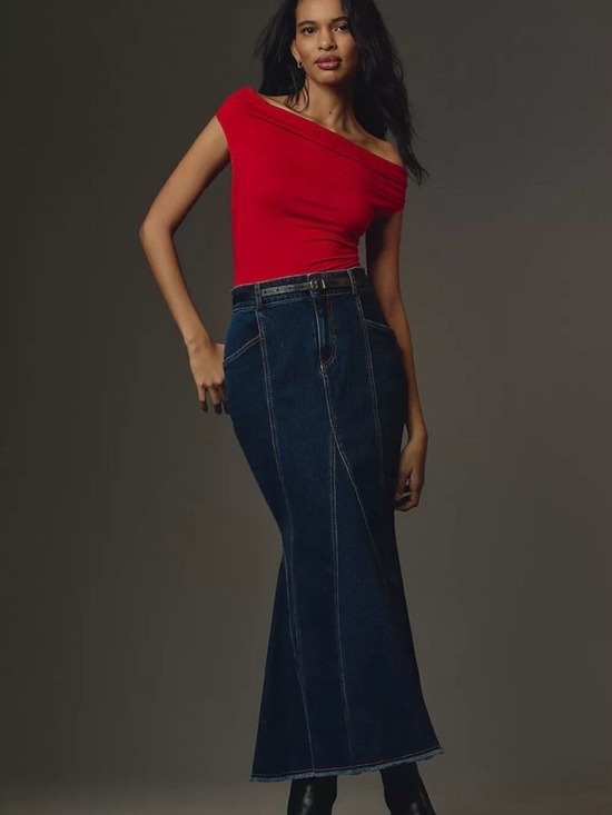 Anthropologie Denim - Pilcro Anthropologie Dark Wash Fluted Denim Maxi Skirt Petite 2P